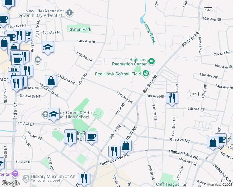 map of restaurants, bars, coffee shops, grocery stores, and more near 615 12th Avenue Northeast in Hickory