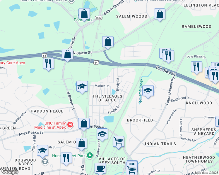 map of restaurants, bars, coffee shops, grocery stores, and more near 900 Windy Road in Apex