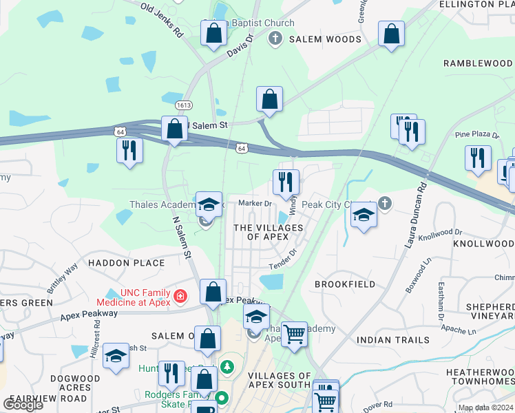 map of restaurants, bars, coffee shops, grocery stores, and more near 903 Ambergate Station in Apex