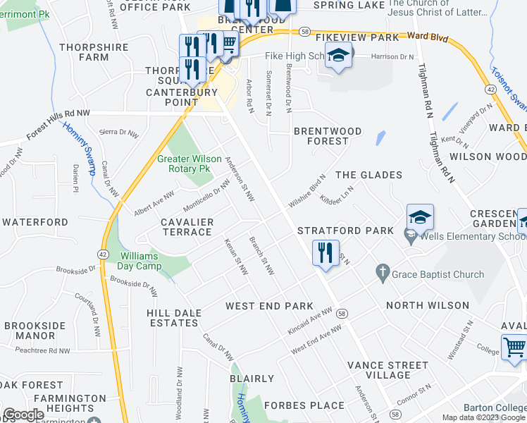 map of restaurants, bars, coffee shops, grocery stores, and more near 1702 Anderson Street Northwest in Wilson