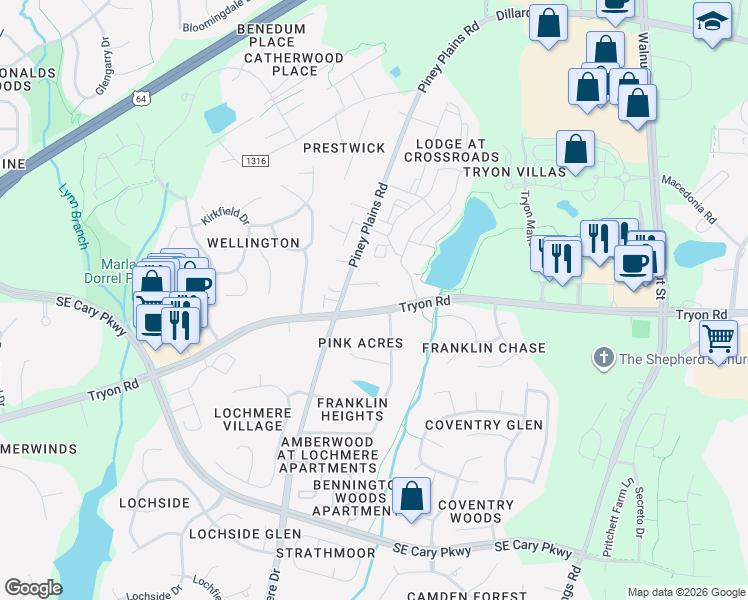 map of restaurants, bars, coffee shops, grocery stores, and more near 6222 Tryon Road in Cary