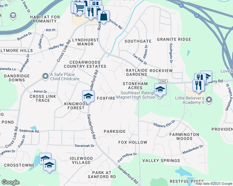 map of restaurants, bars, coffee shops, grocery stores, and more near 2401 Foxtrot Road in Raleigh