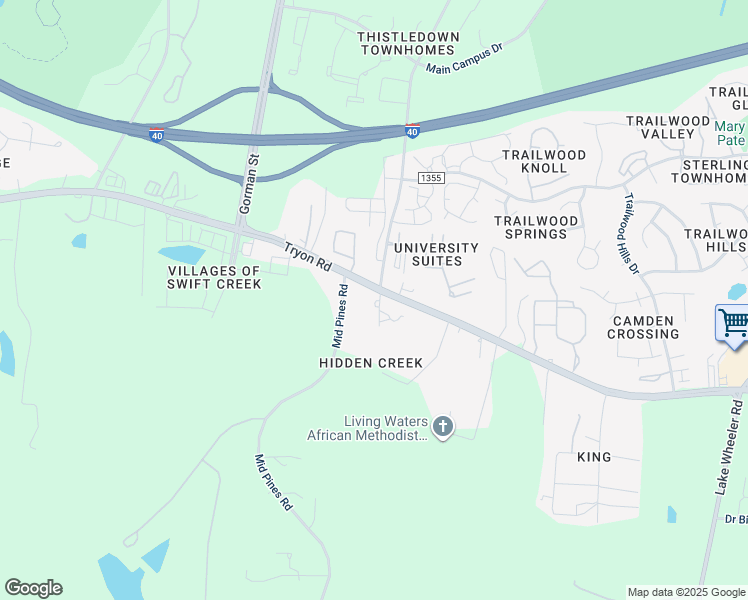 map of restaurants, bars, coffee shops, grocery stores, and more near 3513 Трион-роуд in Raleigh