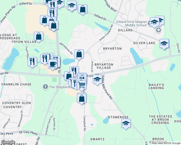 map of restaurants, bars, coffee shops, grocery stores, and more near 2532 Prince Drive in Raleigh