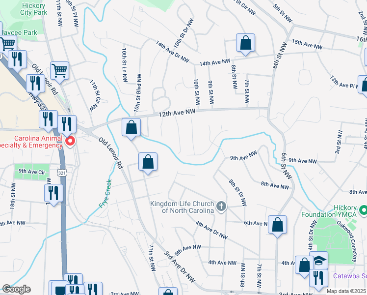 map of restaurants, bars, coffee shops, grocery stores, and more near 1026 10th Street Court Northwest in Hickory
