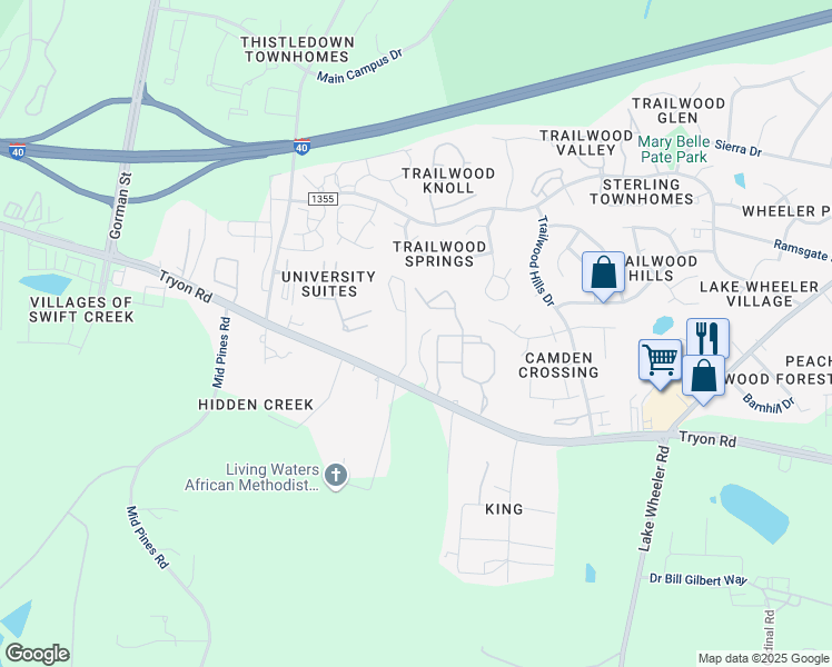 map of restaurants, bars, coffee shops, grocery stores, and more near 2500 Tryon Grove Drive in Raleigh