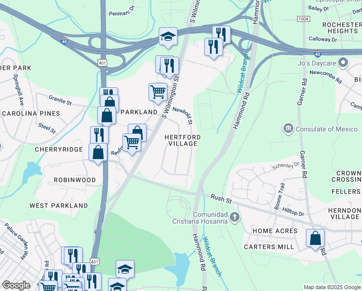 map of restaurants, bars, coffee shops, grocery stores, and more near 2715 Layden Street in Raleigh