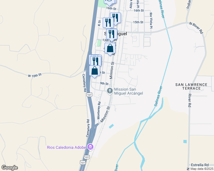 map of restaurants, bars, coffee shops, grocery stores, and more near 365 9th Street in San Miguel
