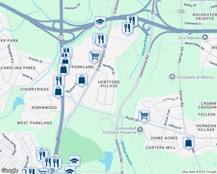 map of restaurants, bars, coffee shops, grocery stores, and more near 2715 Layden Street in Raleigh
