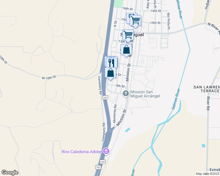 map of restaurants, bars, coffee shops, grocery stores, and more near 252 9th Street in San Miguel