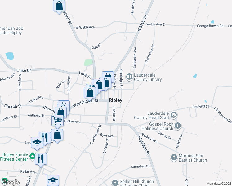 map of restaurants, bars, coffee shops, grocery stores, and more near 128 East Jackson Avenue in Ripley