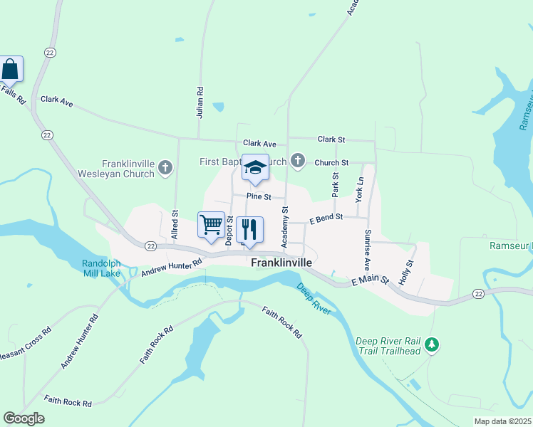 map of restaurants, bars, coffee shops, grocery stores, and more near 149 Pine Street in Franklinville