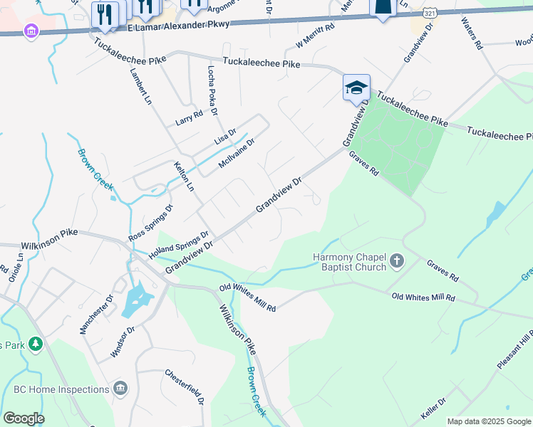 map of restaurants, bars, coffee shops, grocery stores, and more near 451 Grandview Drive in Maryville