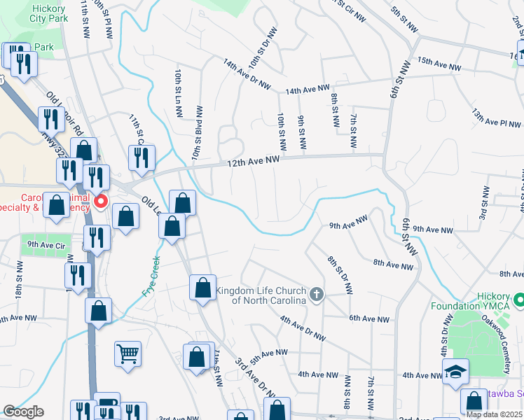 map of restaurants, bars, coffee shops, grocery stores, and more near 1026 10th Street Court Northwest in Hickory