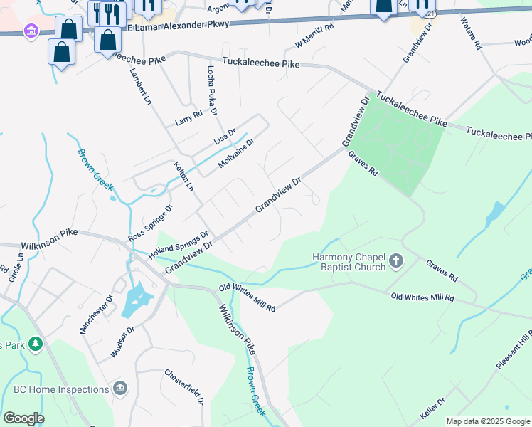 map of restaurants, bars, coffee shops, grocery stores, and more near 451 Grandview Drive in Maryville