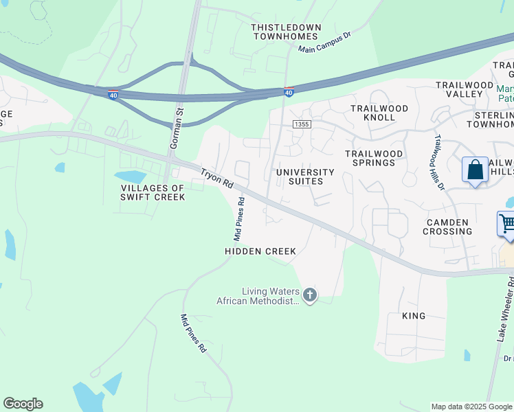 map of restaurants, bars, coffee shops, grocery stores, and more near 3513 Трион-роуд in Raleigh