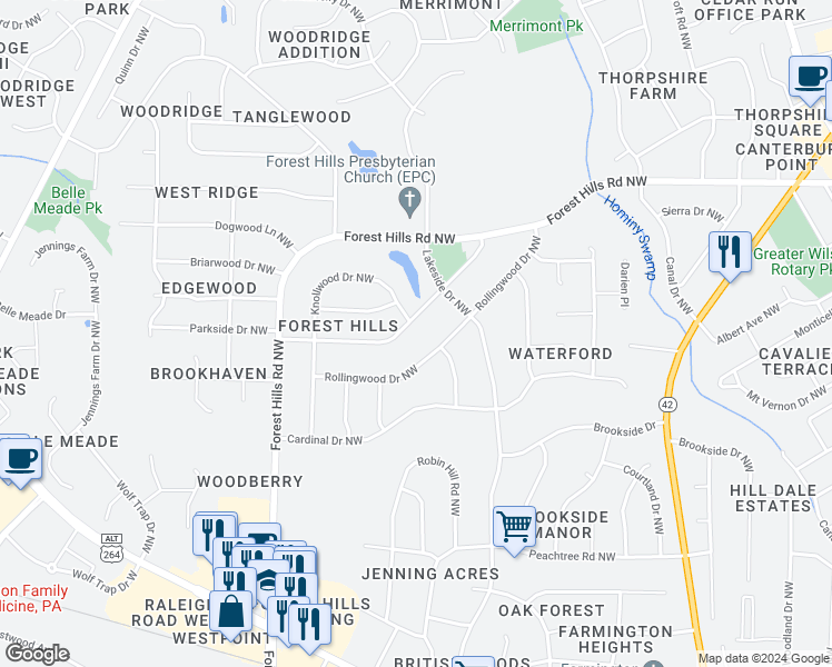 map of restaurants, bars, coffee shops, grocery stores, and more near 1007 Parkside Drive Northwest in Wilson