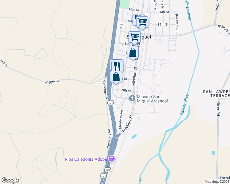 map of restaurants, bars, coffee shops, grocery stores, and more near 252 9th Street in San Miguel