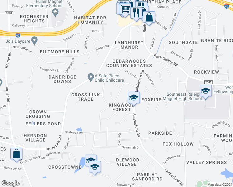map of restaurants, bars, coffee shops, grocery stores, and more near 2412 Evers Drive in Raleigh