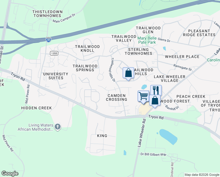 map of restaurants, bars, coffee shops, grocery stores, and more near 2405 Newby Court in Raleigh