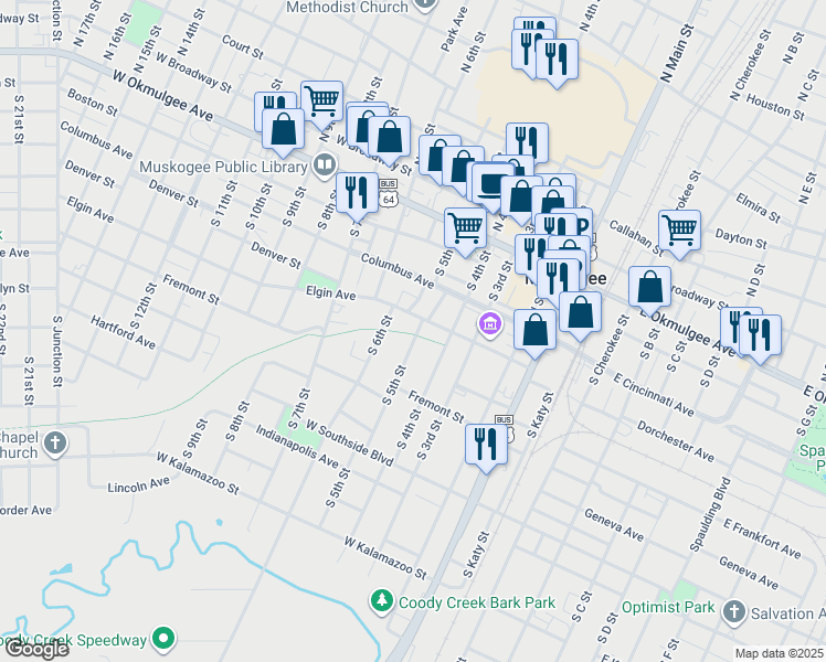 map of restaurants, bars, coffee shops, grocery stores, and more near 407 South 5th Street in Muskogee
