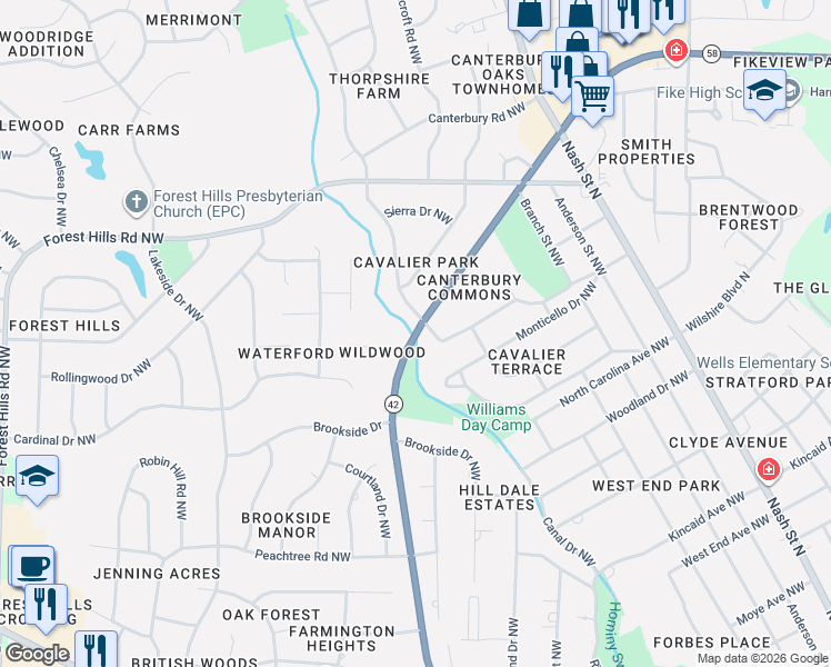 map of restaurants, bars, coffee shops, grocery stores, and more near 508 Albert Avenue Northwest in Wilson