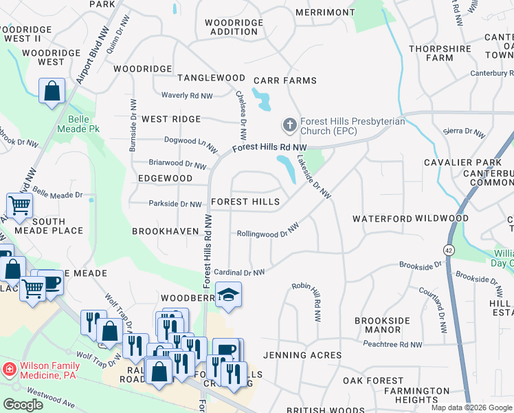 map of restaurants, bars, coffee shops, grocery stores, and more near 1109 Riviera Drive Northwest in Wilson