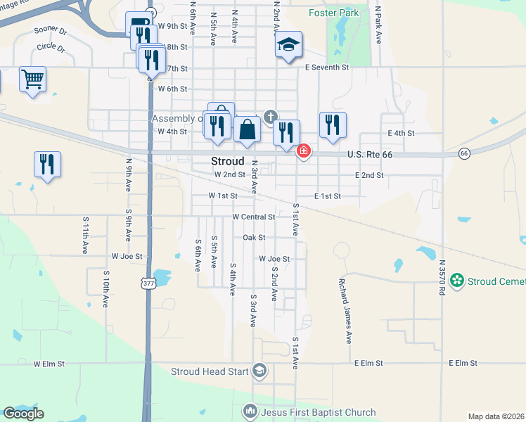 map of restaurants, bars, coffee shops, grocery stores, and more near 200 North 1st Avenue in Stroud