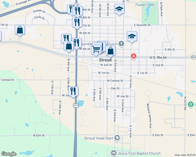 map of restaurants, bars, coffee shops, grocery stores, and more near 413 West Central Street in Stroud
