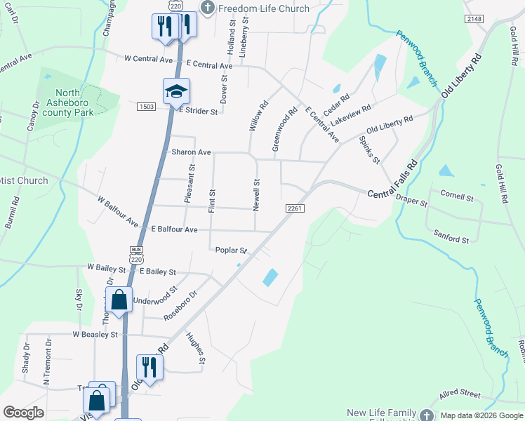 map of restaurants, bars, coffee shops, grocery stores, and more near 1746 Newell Street in Asheboro