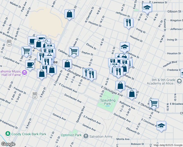 map of restaurants, bars, coffee shops, grocery stores, and more near 407 East Broadway Avenue in Muskogee