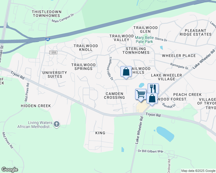 map of restaurants, bars, coffee shops, grocery stores, and more near 2405 Newby Court in Raleigh