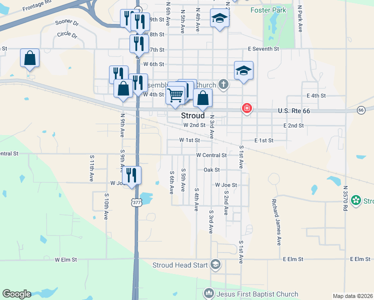 map of restaurants, bars, coffee shops, grocery stores, and more near 413 West Central Street in Stroud