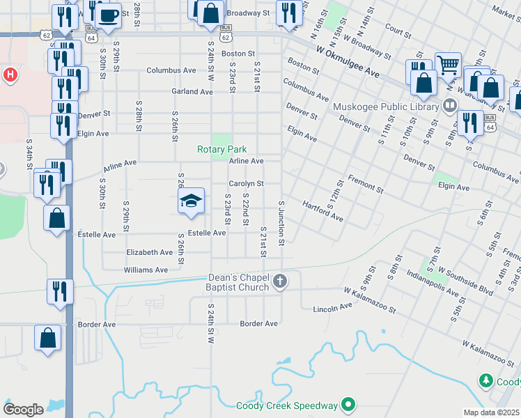 map of restaurants, bars, coffee shops, grocery stores, and more near 801 South 21st Street in Muskogee