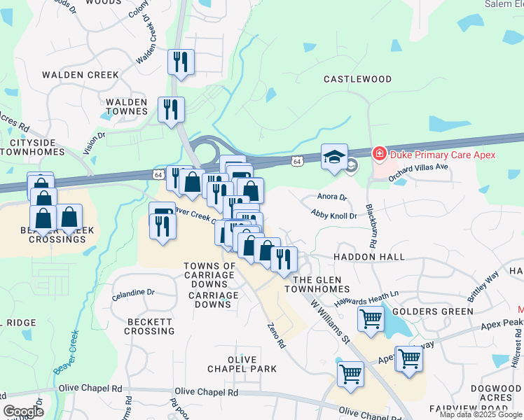 map of restaurants, bars, coffee shops, grocery stores, and more near 1051 Pemberton Hill Road in Apex