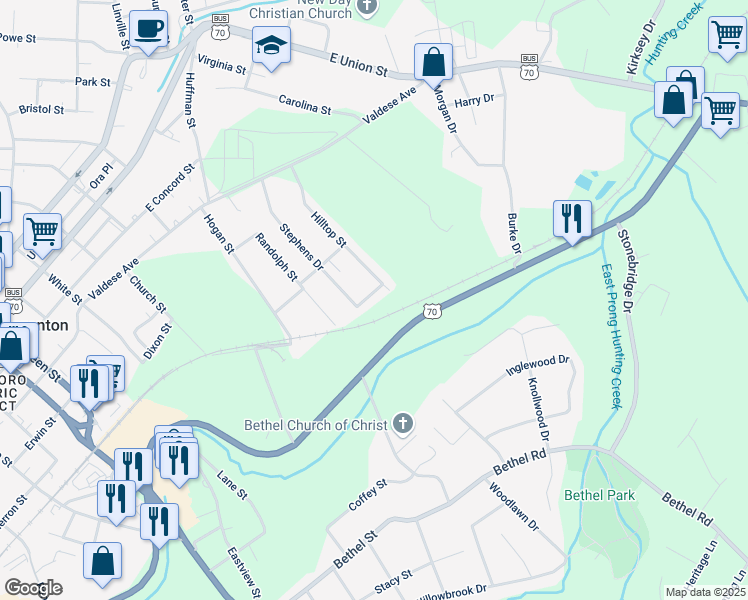 map of restaurants, bars, coffee shops, grocery stores, and more near 106 Brown Avenue in Morganton