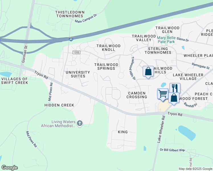 map of restaurants, bars, coffee shops, grocery stores, and more near 3200 Compatible Way in Raleigh