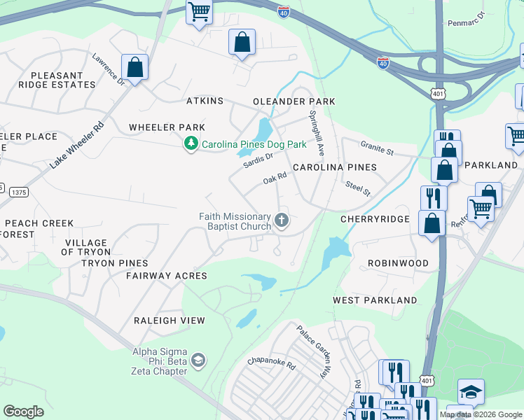 map of restaurants, bars, coffee shops, grocery stores, and more near 1024 Suffolk Boulevard in Raleigh