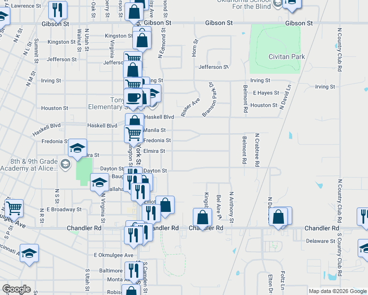 map of restaurants, bars, coffee shops, grocery stores, and more near 2403 Fredonia Street in Muskogee