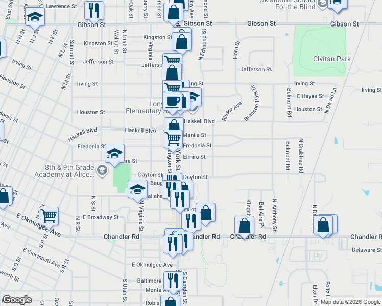 map of restaurants, bars, coffee shops, grocery stores, and more near 2337 Fredonia Street in Muskogee