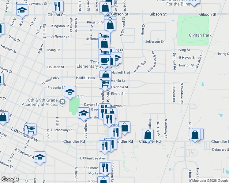 map of restaurants, bars, coffee shops, grocery stores, and more near 2313 Fredonia Street in Muskogee