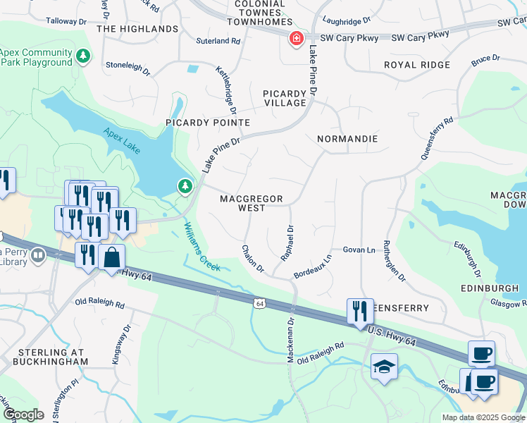 map of restaurants, bars, coffee shops, grocery stores, and more near 307 Versailles Drive in Cary
