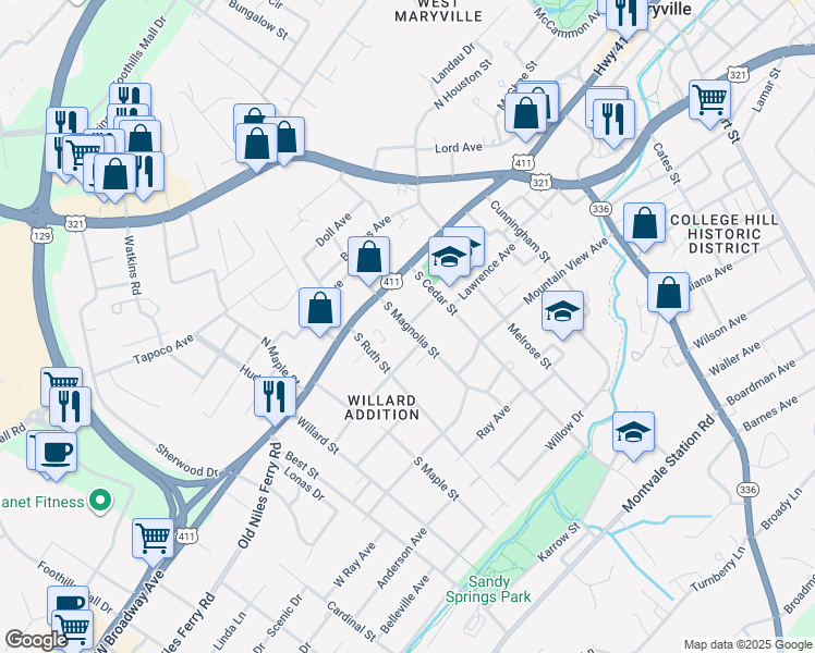 map of restaurants, bars, coffee shops, grocery stores, and more near 149 South Magnolia Street in Maryville