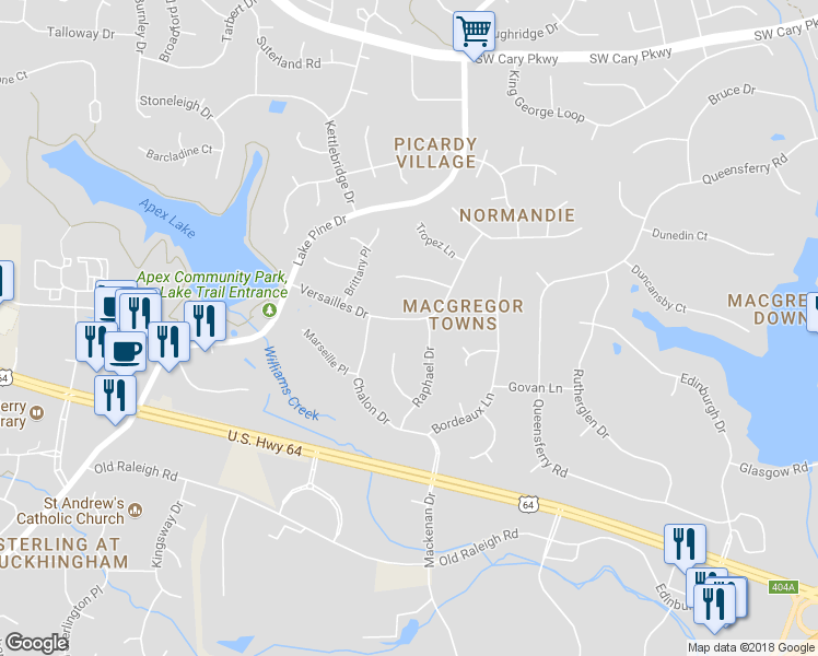 map of restaurants, bars, coffee shops, grocery stores, and more near 303 Versailles Drive in Cary