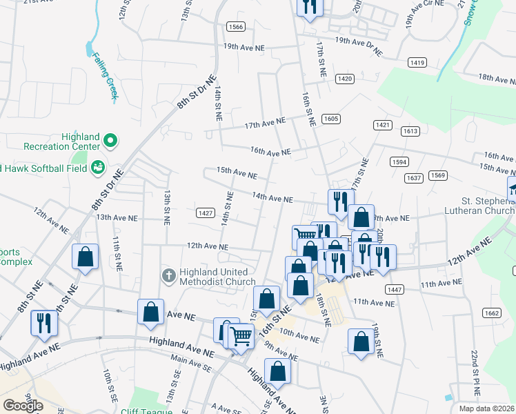 map of restaurants, bars, coffee shops, grocery stores, and more near 1440 14th Avenue Northeast in Hickory