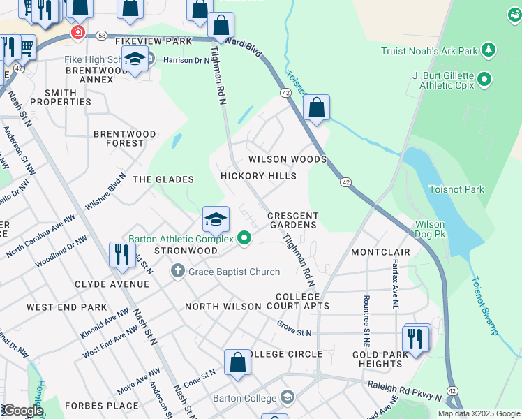 map of restaurants, bars, coffee shops, grocery stores, and more near 1600 Dartmore Drive North in Wilson