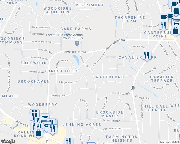 map of restaurants, bars, coffee shops, grocery stores, and more near 1317 Lakeside Drive Northwest in Wilson