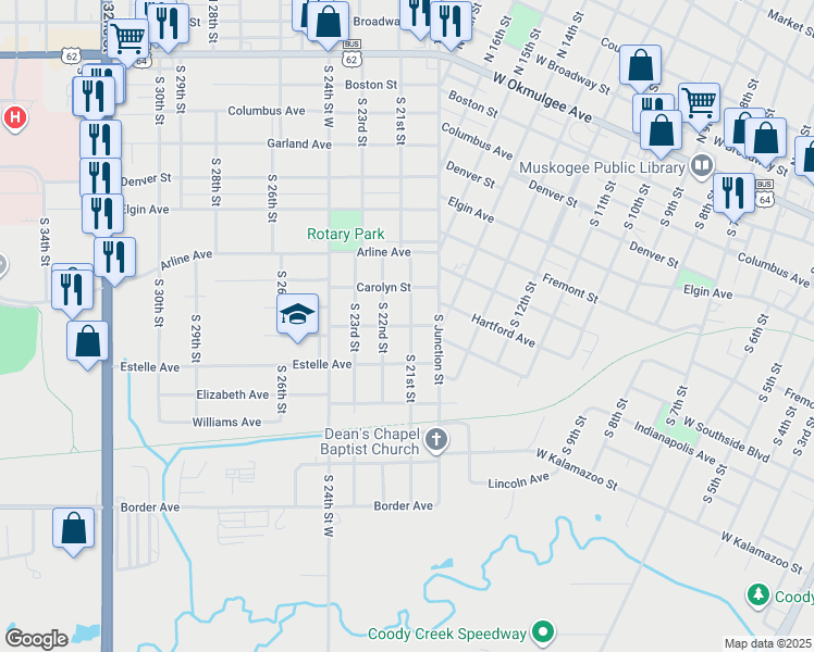 map of restaurants, bars, coffee shops, grocery stores, and more near 801 South 21st Street in Muskogee