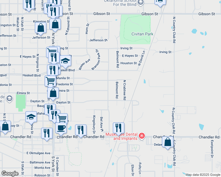 map of restaurants, bars, coffee shops, grocery stores, and more near 531 North Anthony Street in Muskogee