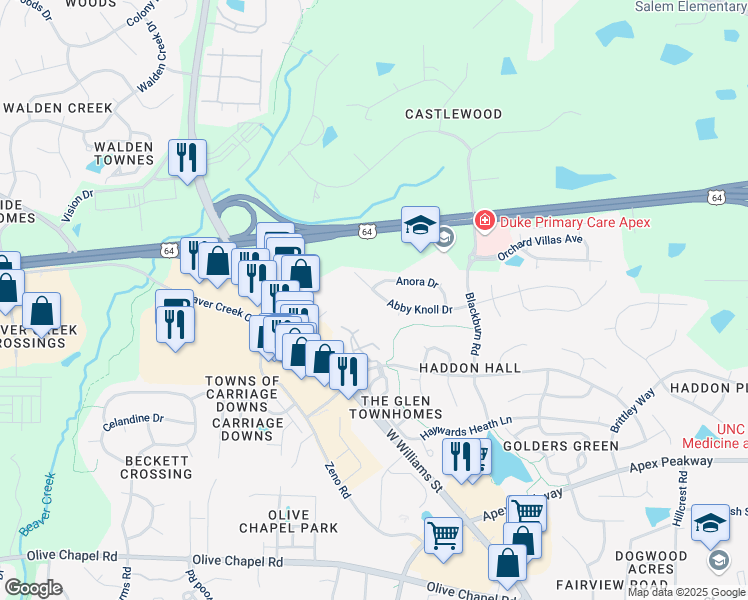 map of restaurants, bars, coffee shops, grocery stores, and more near 2107 Abby Knoll Drive in Apex